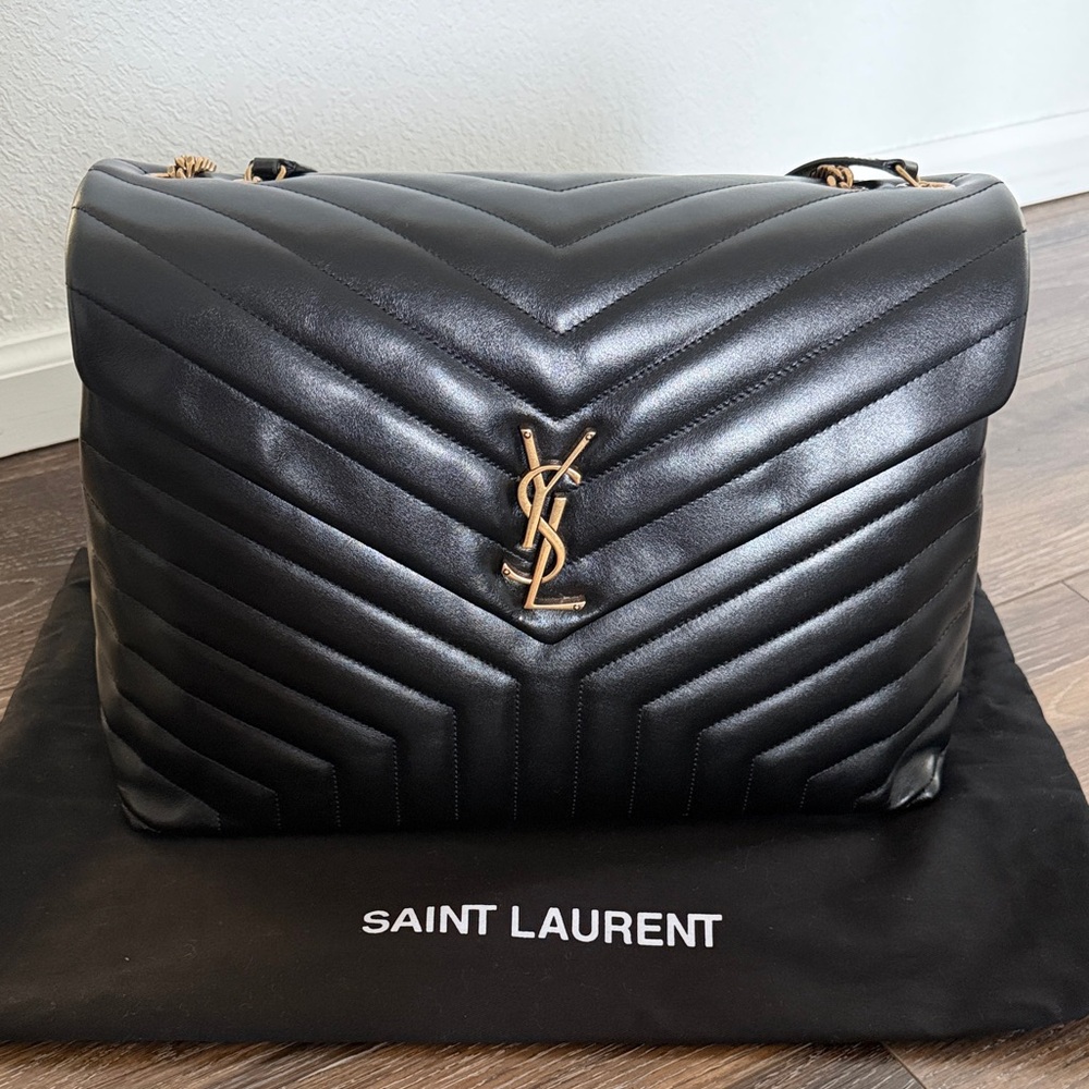 Saint Laurent Black Chevron Quilted Shoulder Bag with Gold YSL Large